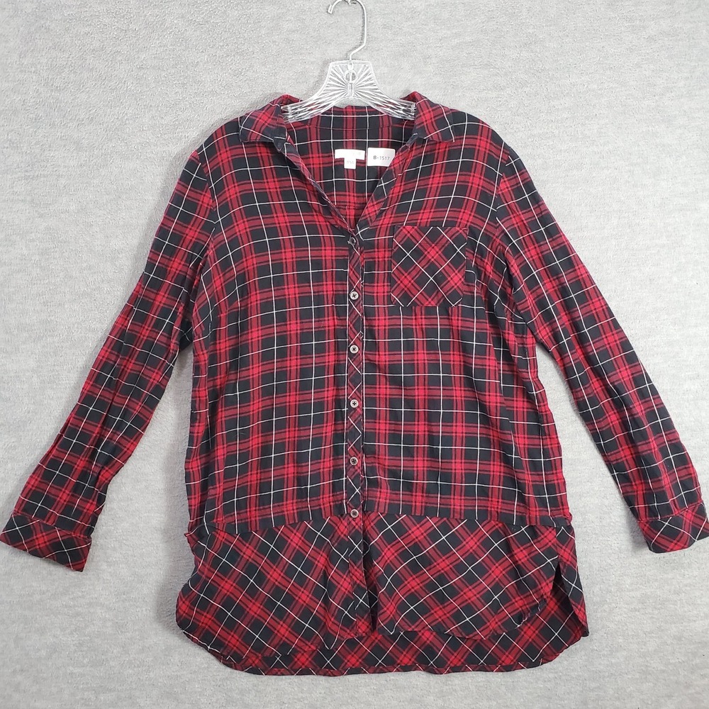 J. Jill‎ Women Top Small Red Plaid Button Up Tunic Pocket Long Sleeve Collar